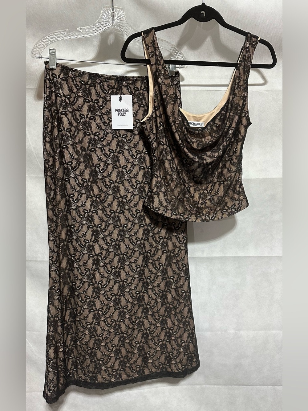 Princess Polly Lourenzia Black Lace 2-piece Maxi Skirt Cowl Neck Tank Size 6 NEW
